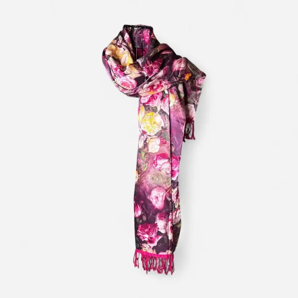 Luxury 100% Mulberry Silk Rose Floral Graphic Print Pashmina Scarf Fringe Trim
